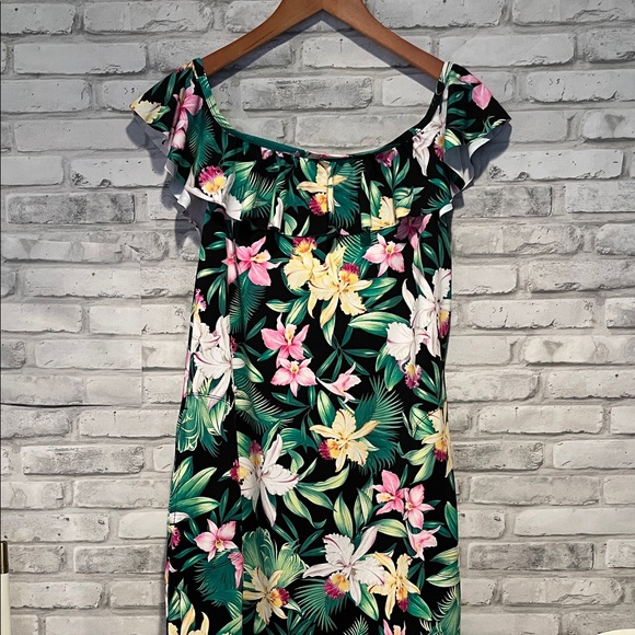 Tommy Bahama Floral Off-Shoulder Dress black green pink yellow white large - Picture 1 of 10